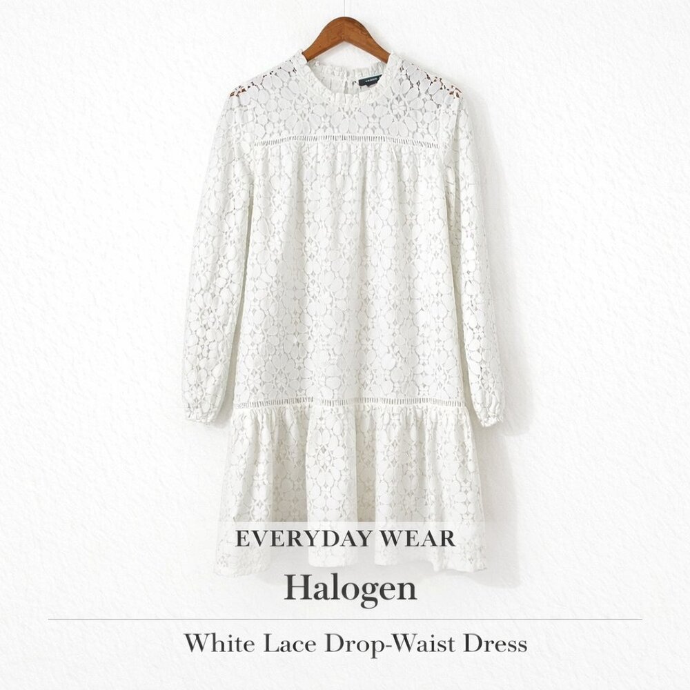 Halogen White Lace Shift Dress Long Sleeve Cotton Blend Size M